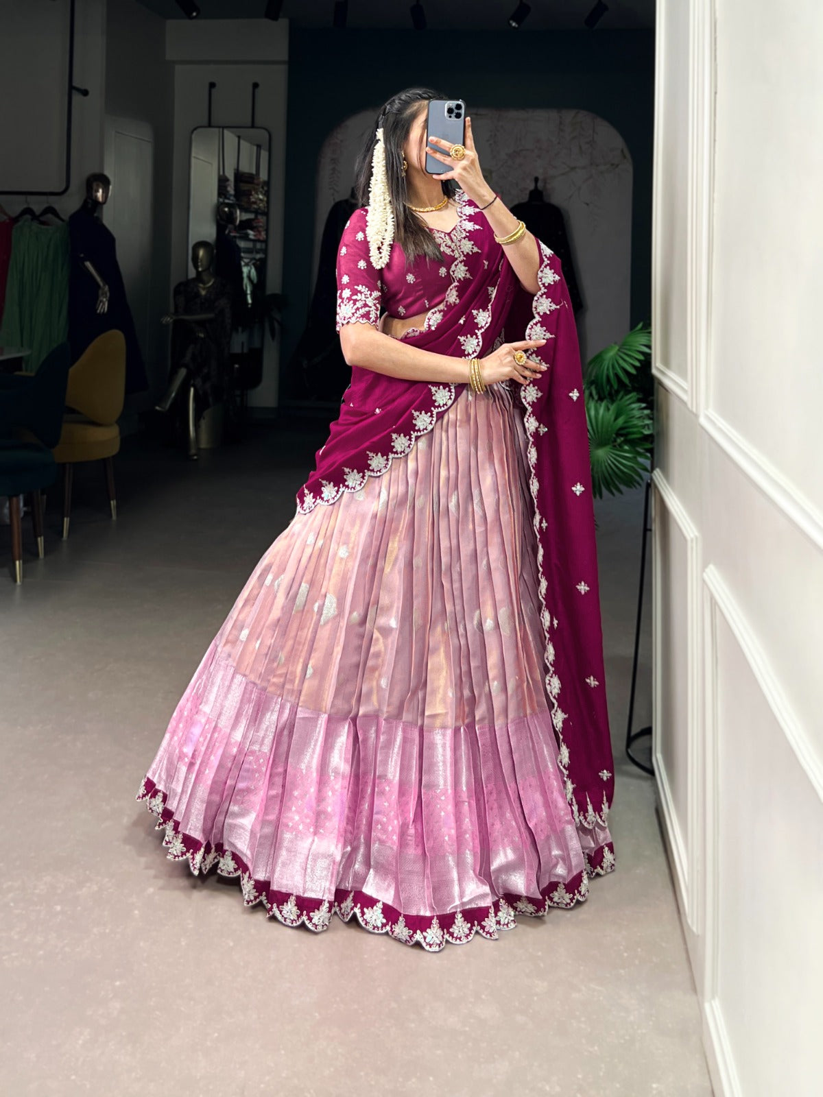 Pink Color Zari Weaving Work Sequins And Embroidery Border With Zari Kota South Collection