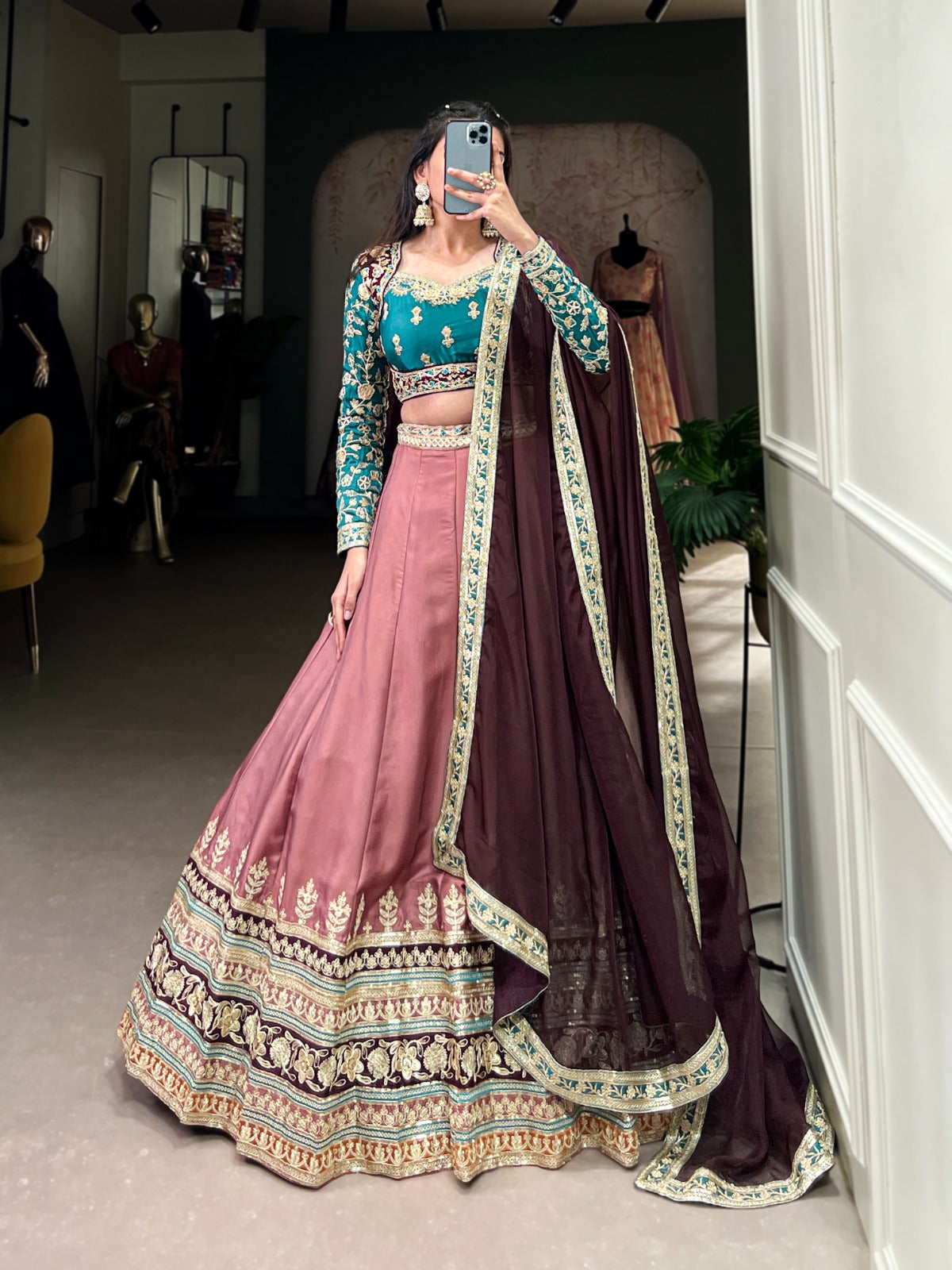 Charismatic Peach Zari Embroidered Work Moonga Silk Lehenga Choli