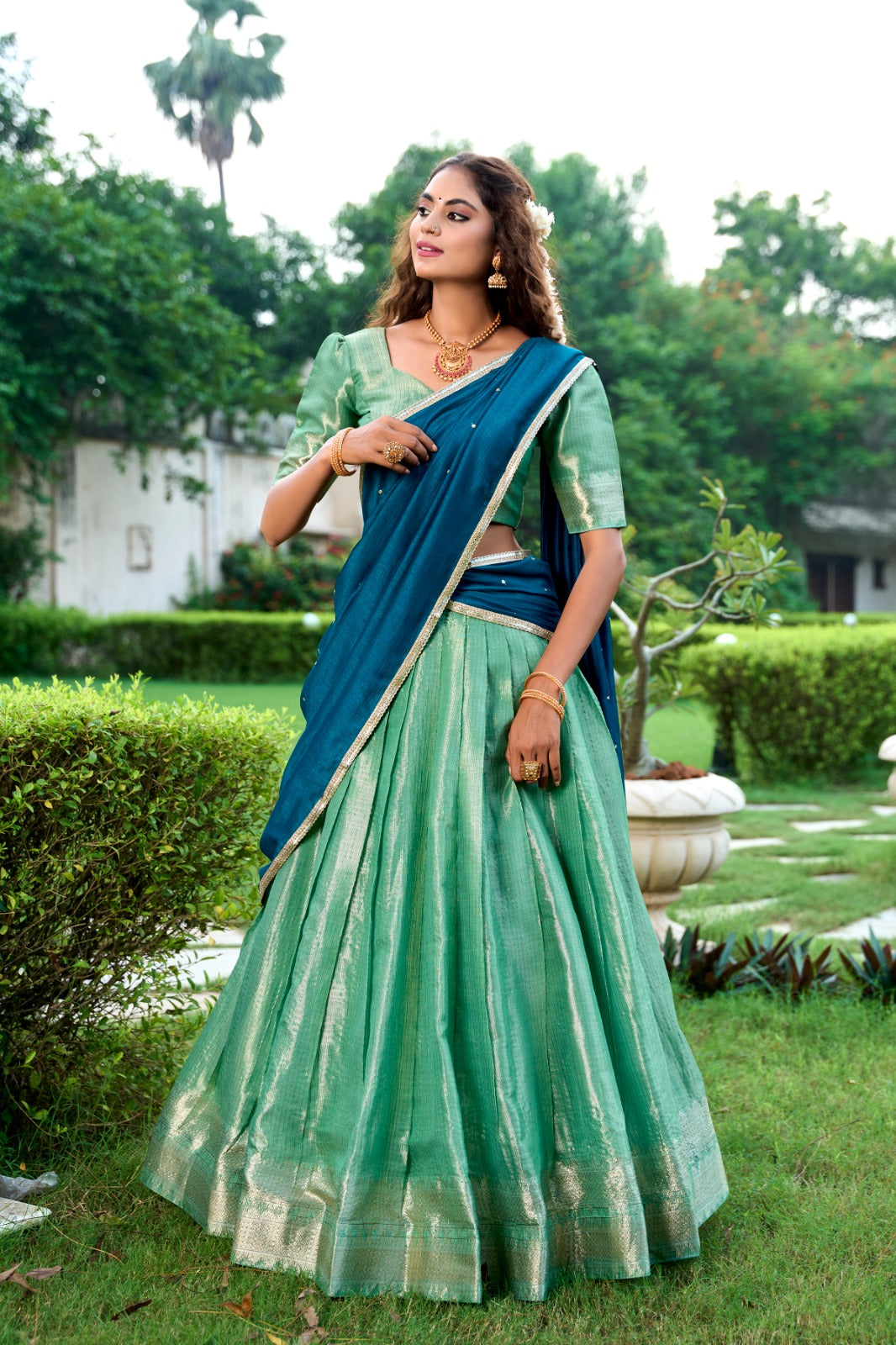 Pista Color Zari Weaving Work Kanchipuram Lehenga Choli