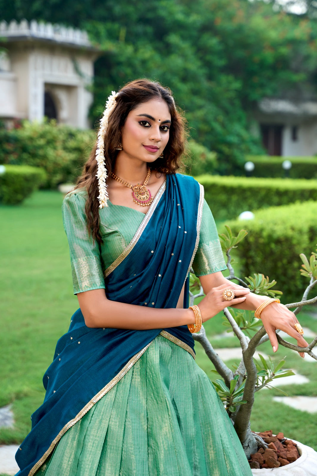 Pista Color Zari Weaving Work Kanchipuram Lehenga Choli