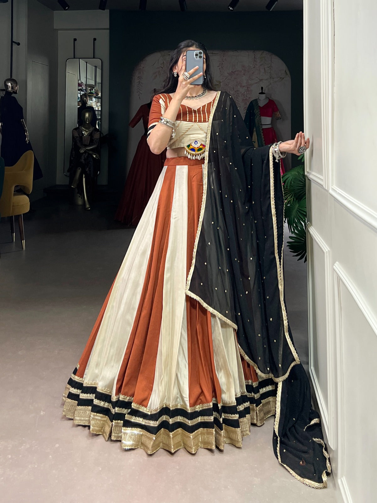 Terracotta Cream Striped Flared Lehenga Set with Black Dupatta