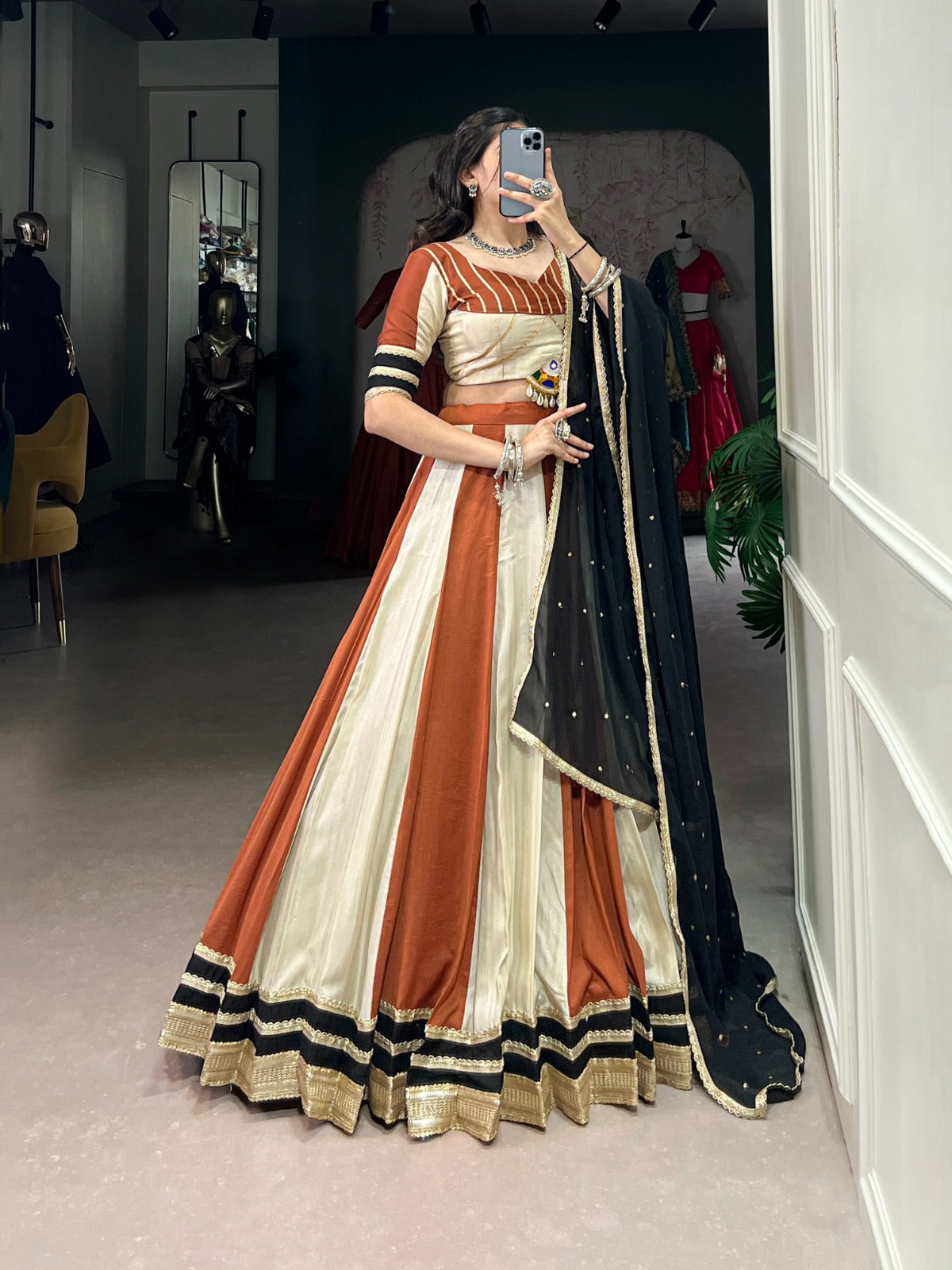 Terracotta Cream Striped Flared Lehenga Set with Black Dupatta