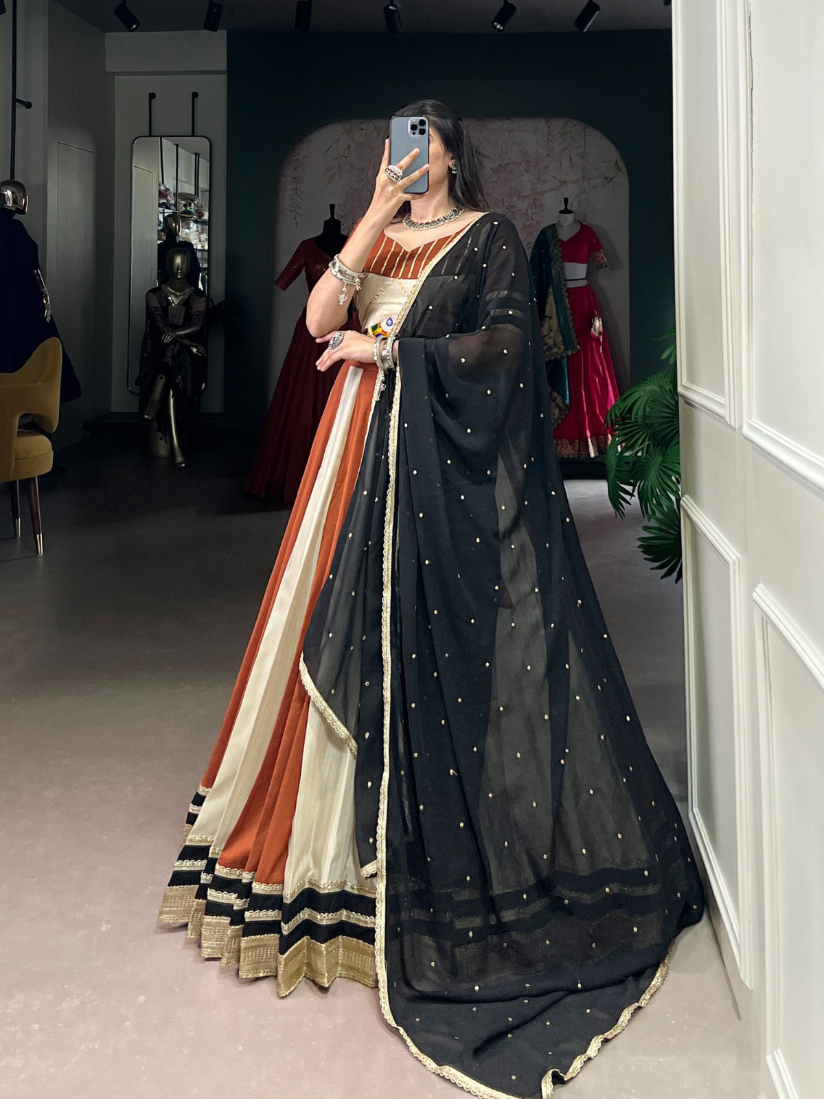 Terracotta Cream Striped Flared Lehenga Set with Black Dupatta