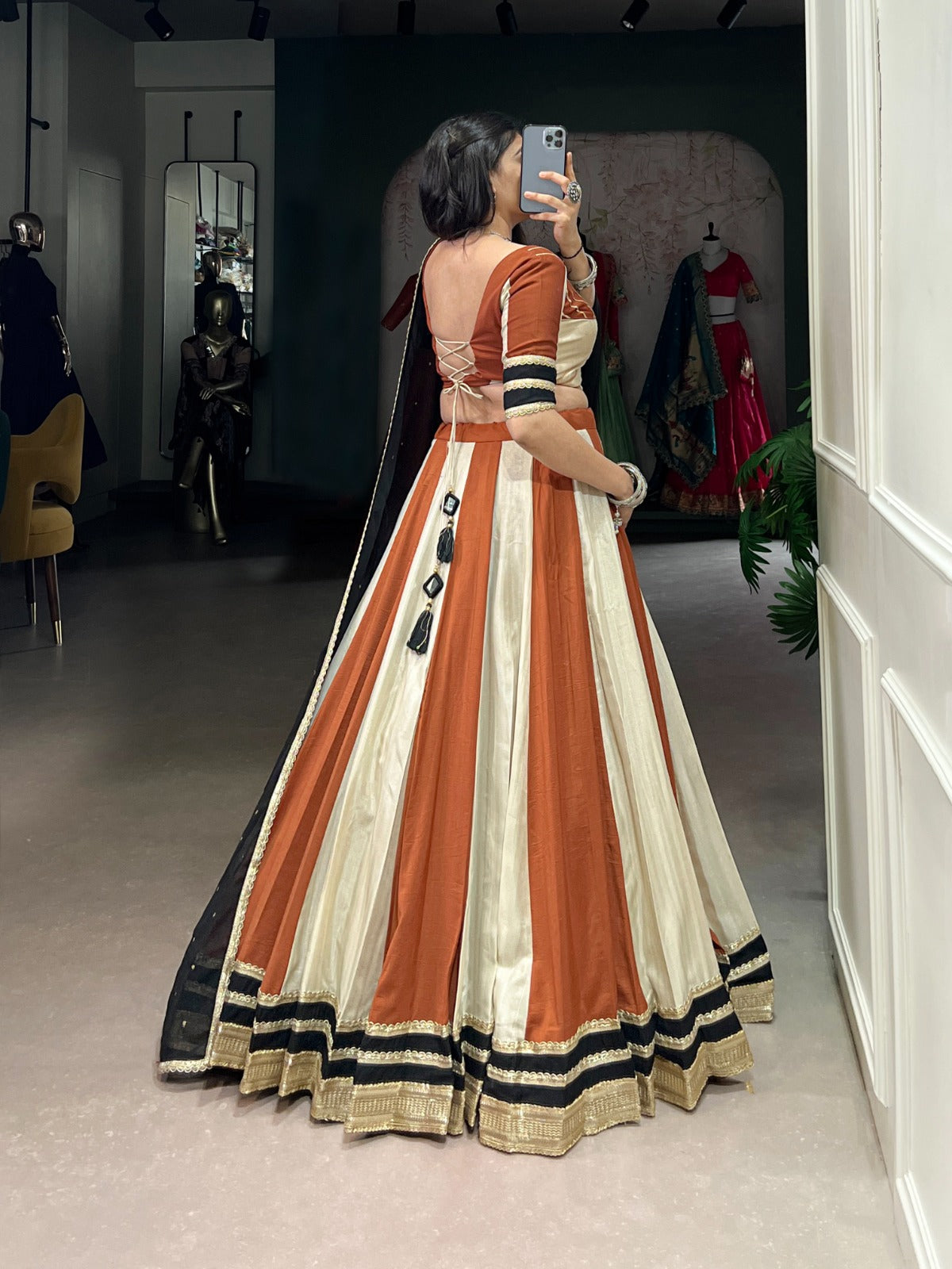 Terracotta Cream Striped Flared Lehenga Set with Black Dupatta
