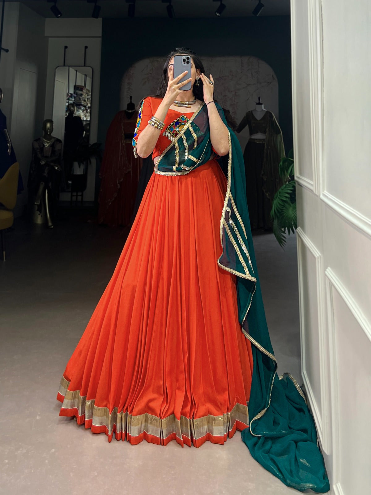 Orange  Rayon comfort, Gamthi art Navratri Lehnga Choli