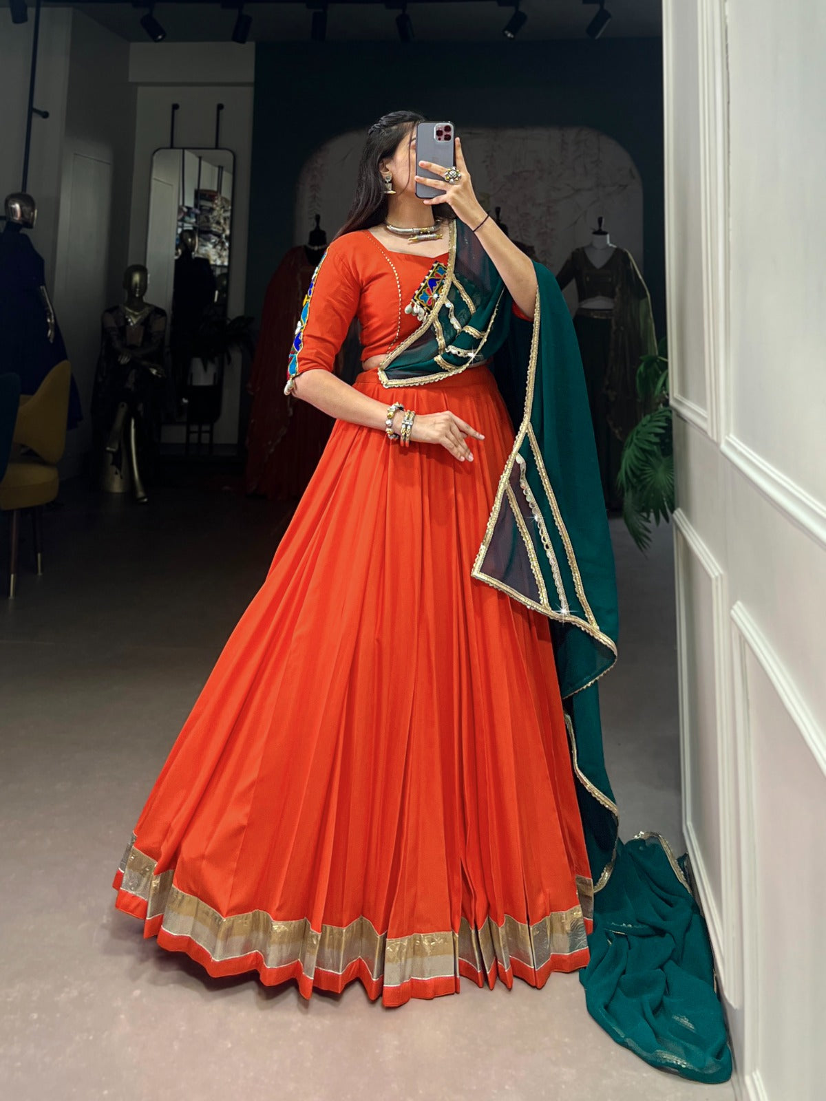 Orange  Rayon comfort, Gamthi art Navratri Lehnga Choli