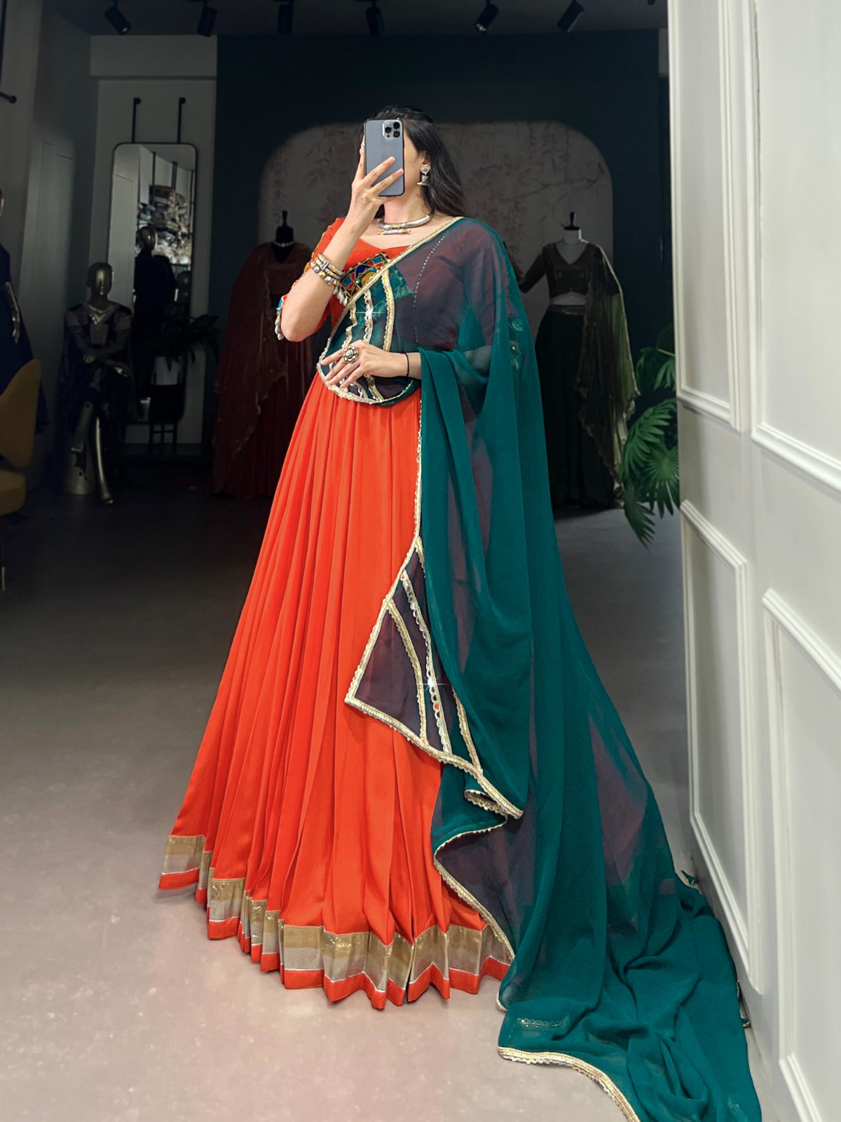 Orange  Rayon comfort, Gamthi art Navratri Lehnga Choli