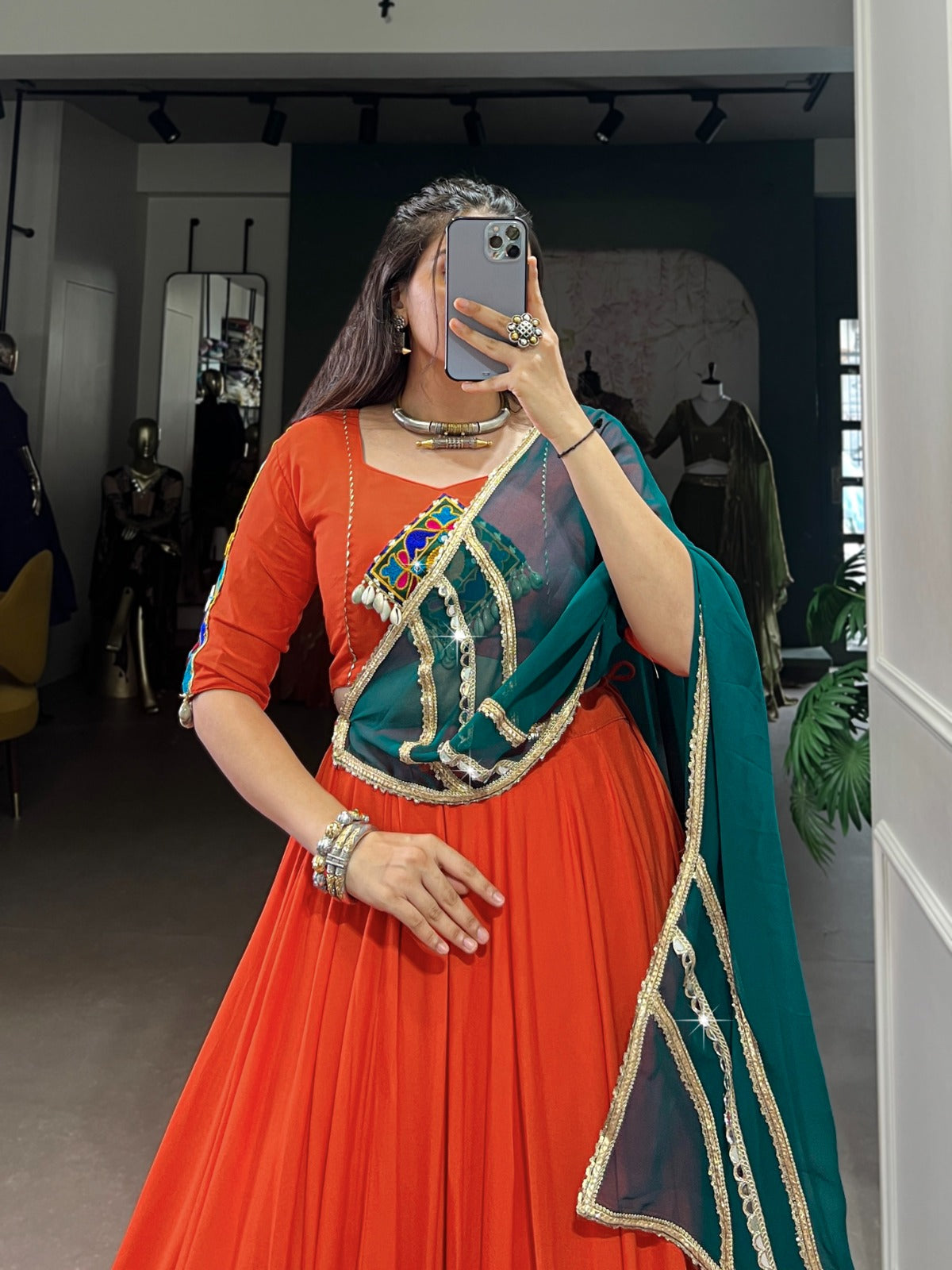 Orange  Rayon comfort, Gamthi art Navratri Lehnga Choli