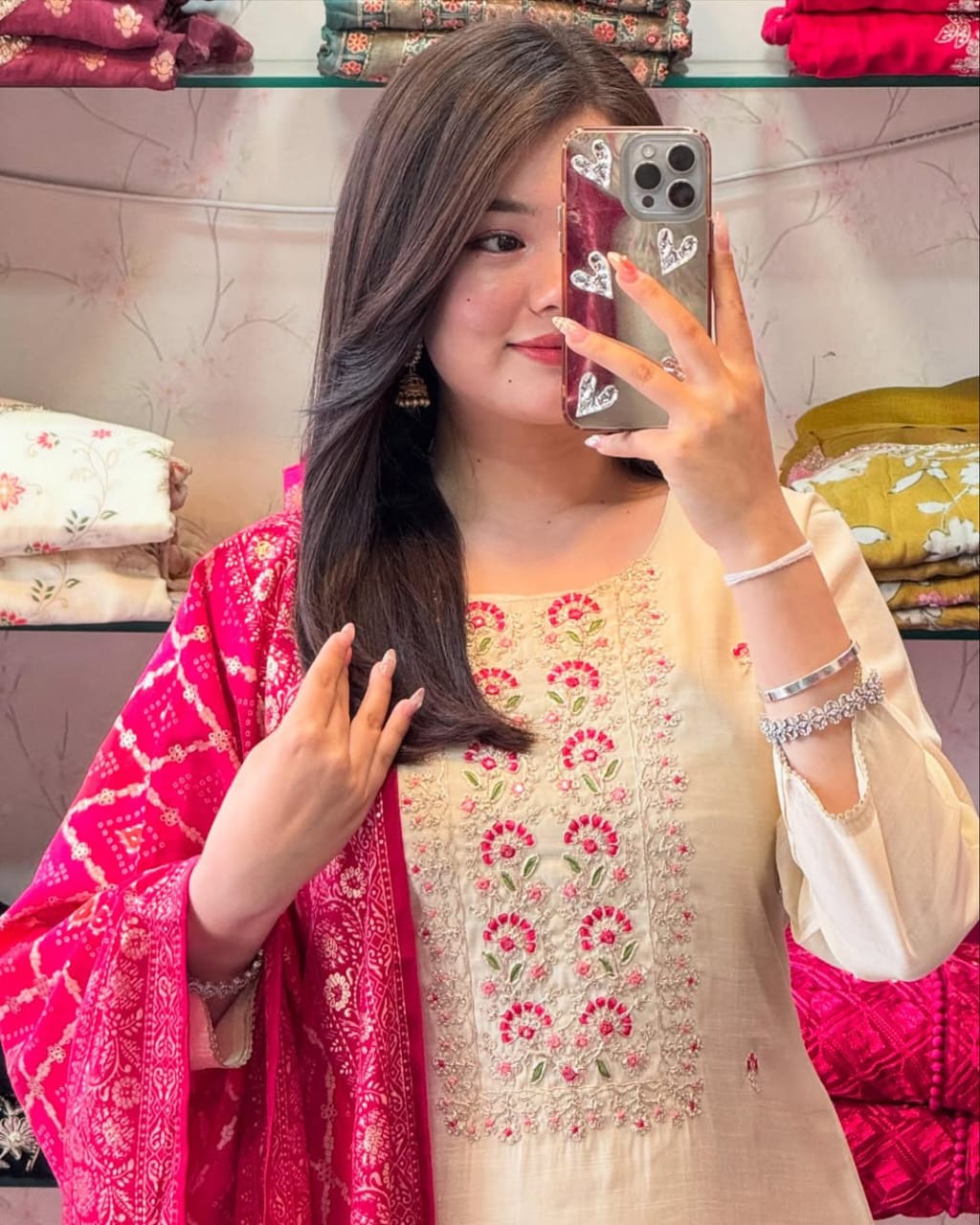 Elegant Cream Kurta Set with  Red Bandhej Dupatta