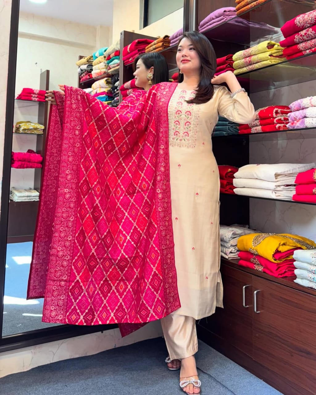 Elegant Cream Kurta Set with  Red Bandhej Dupatta
