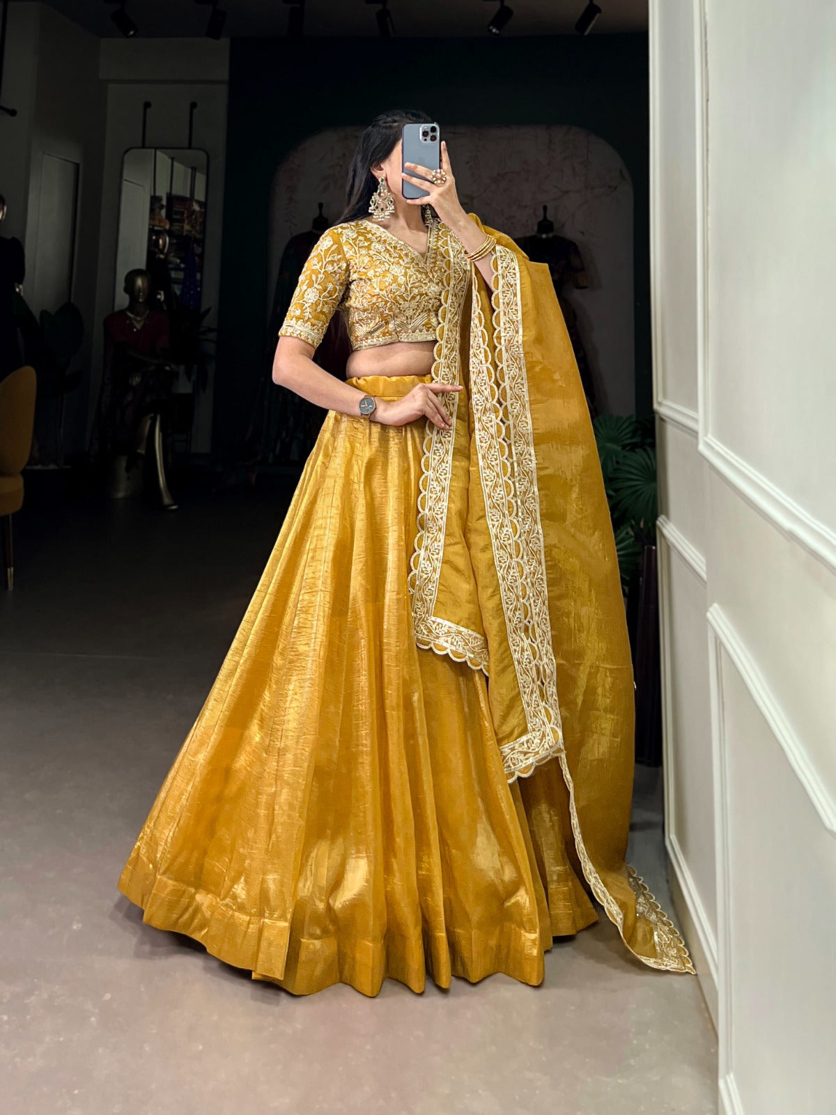 Golden Mustard Silk Lehenga Set with Intricate Thread Embroidered Blouse and Scallop Lace Dupatta