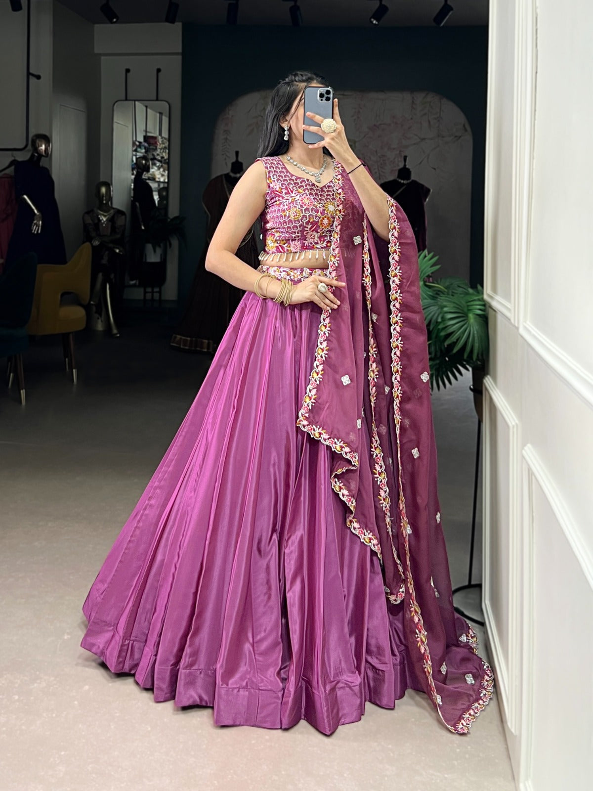 Plum Purple Satin Lehenga Set with Mirror & Thread Embroidered Blouse and Dupatta