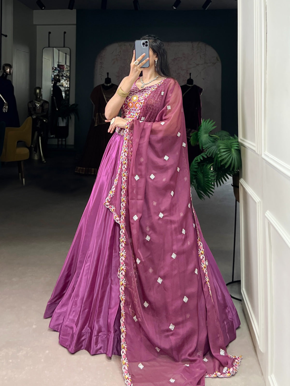 Plum Purple Satin Lehenga Set with Mirror & Thread Embroidered Blouse and Dupatta