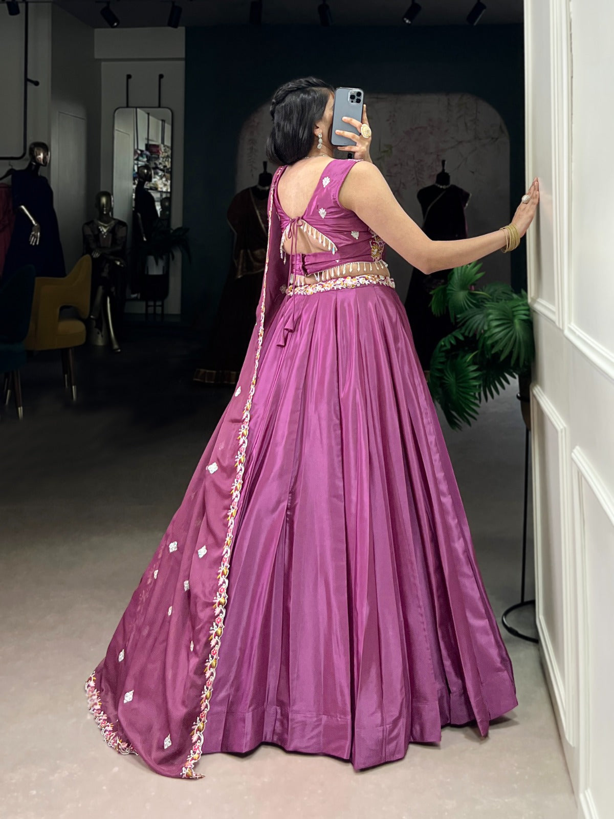 Plum Purple Satin Lehenga Set with Mirror & Thread Embroidered Blouse and Dupatta