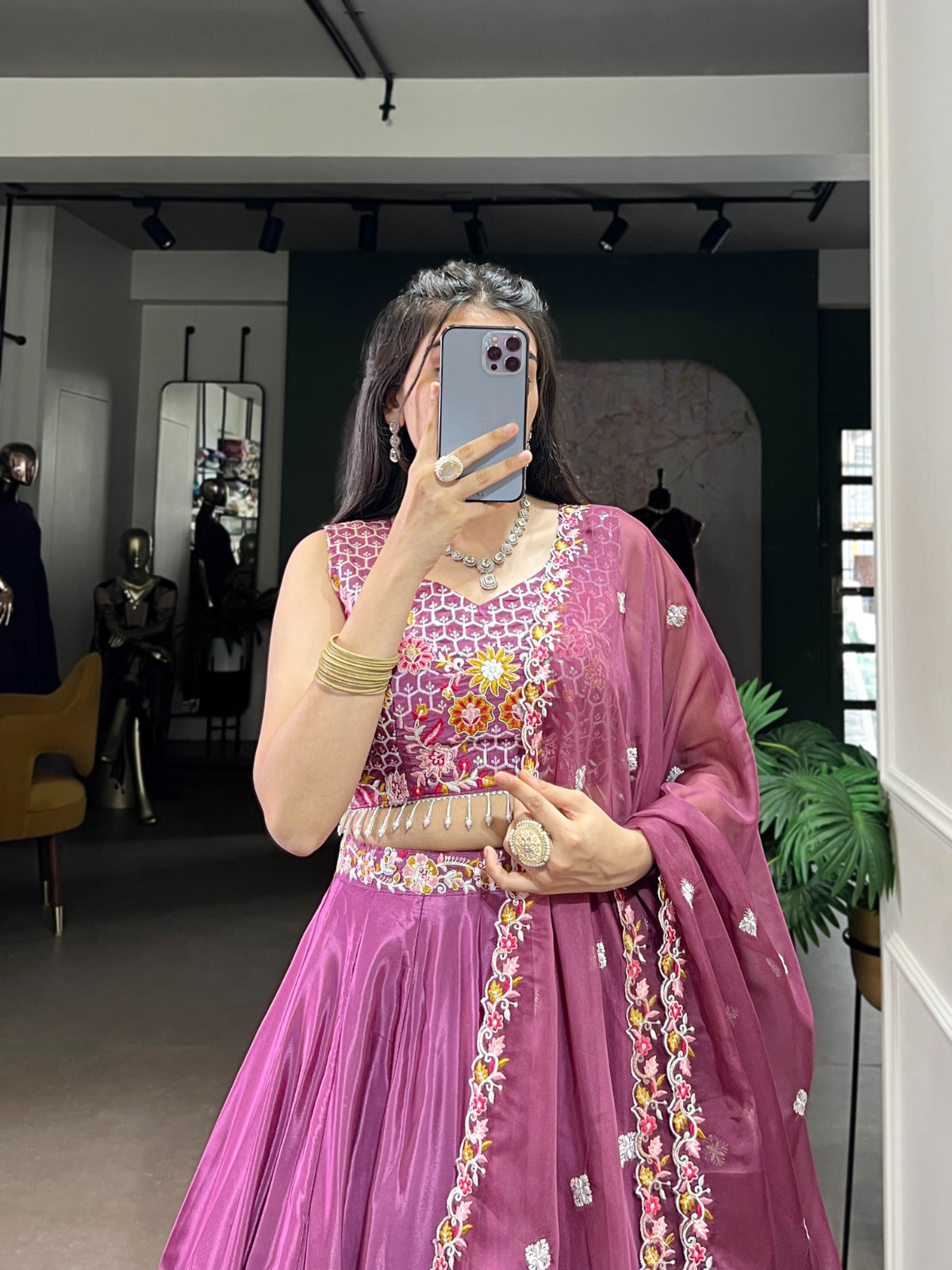 Plum Purple Satin Lehenga Set with Mirror & Thread Embroidered Blouse and Dupatta