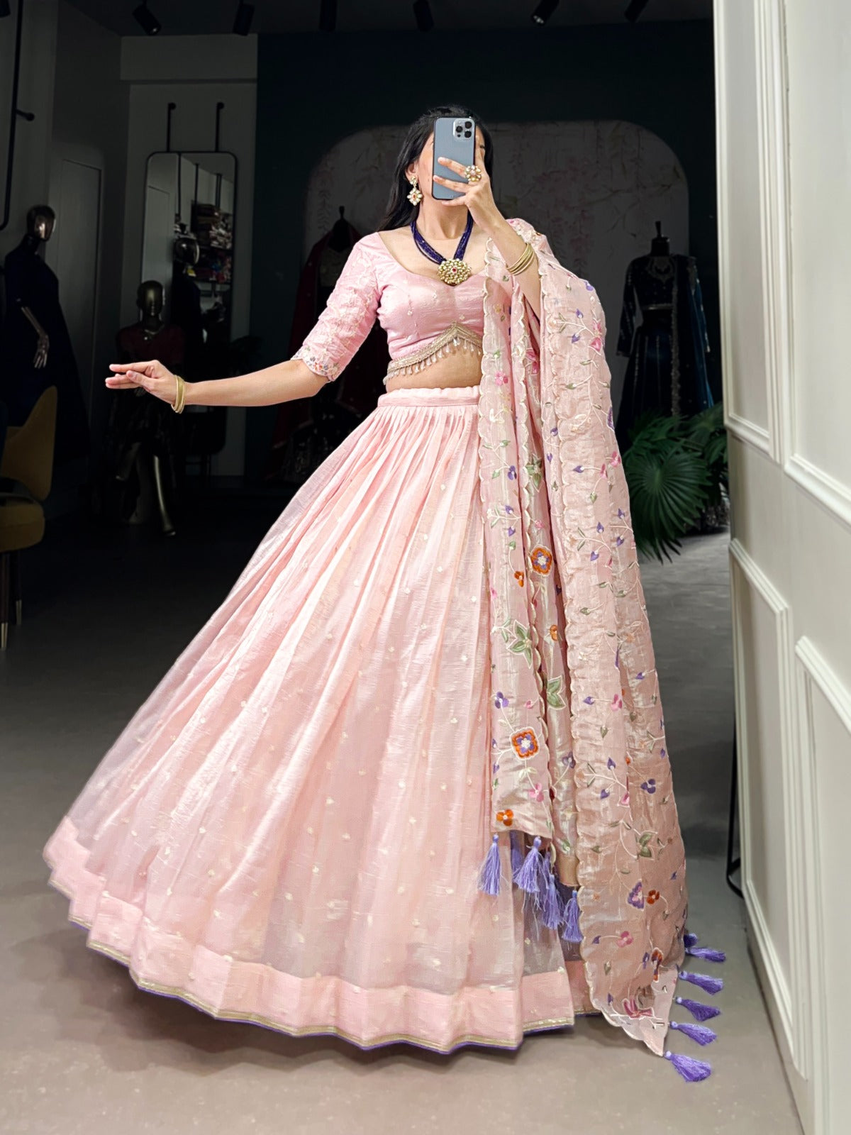 Blush Pink Organza Embroidered Lehenga Set with Floral Dupatta