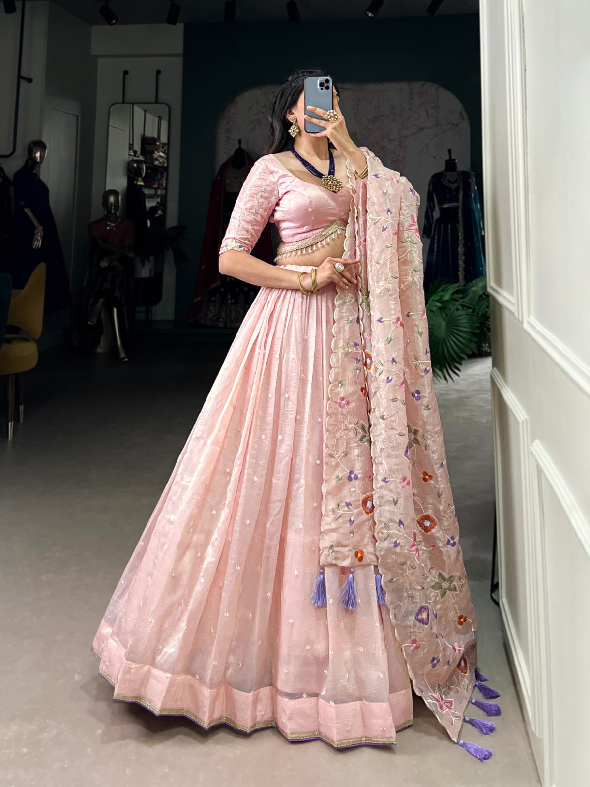 Blush Pink Organza Embroidered Lehenga Set with Floral Dupatta