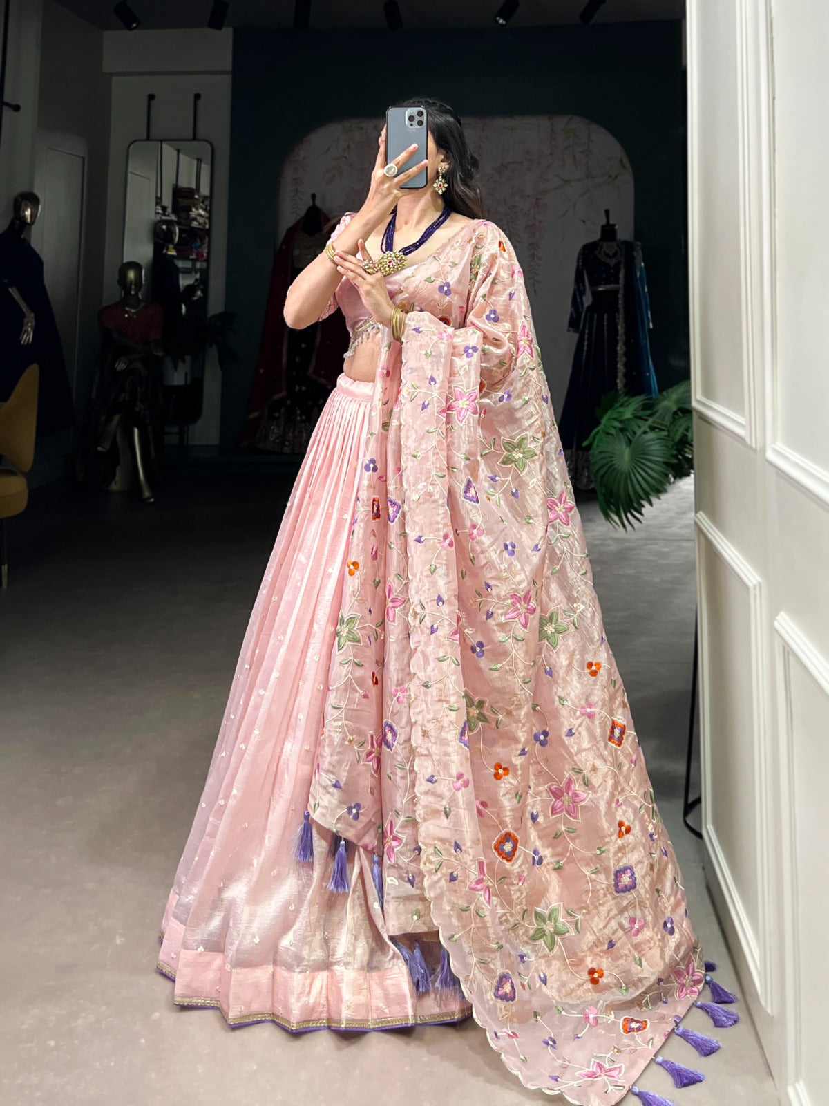 Blush Pink Organza Embroidered Lehenga Set with Floral Dupatta