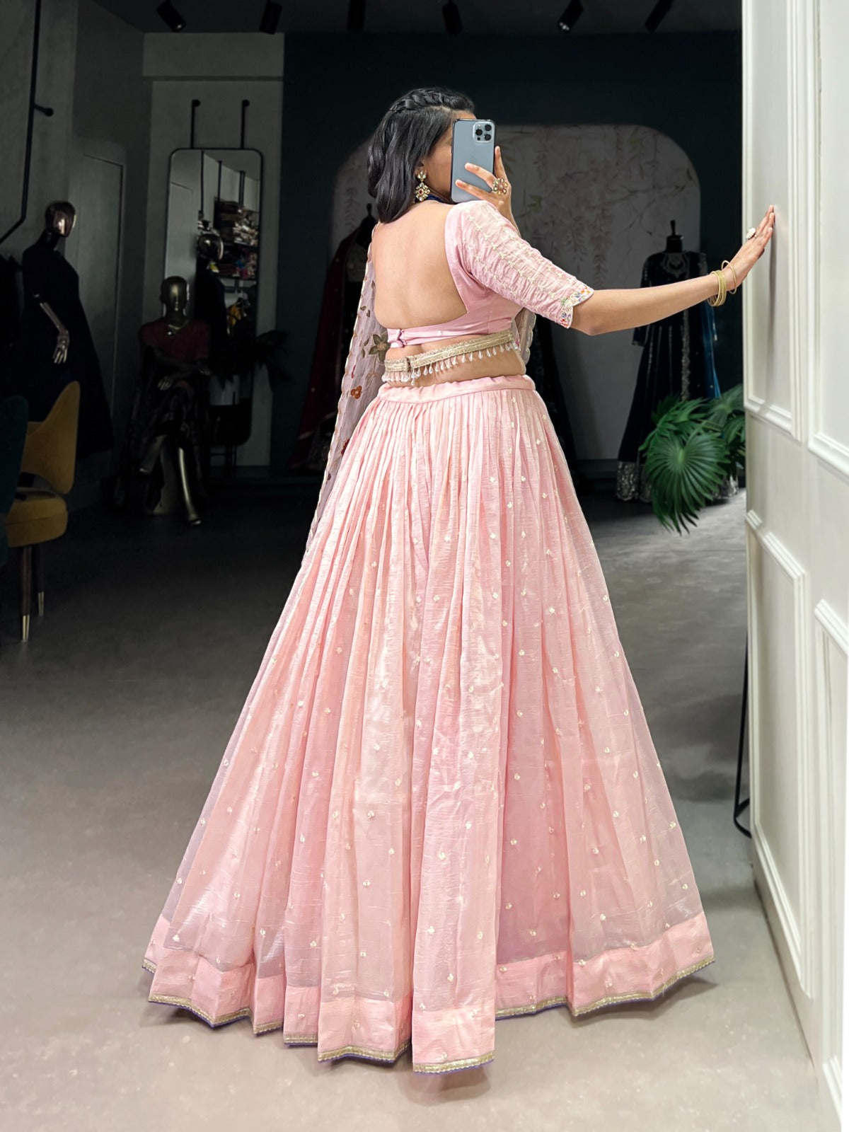 Blush Pink Organza Embroidered Lehenga Set with Floral Dupatta