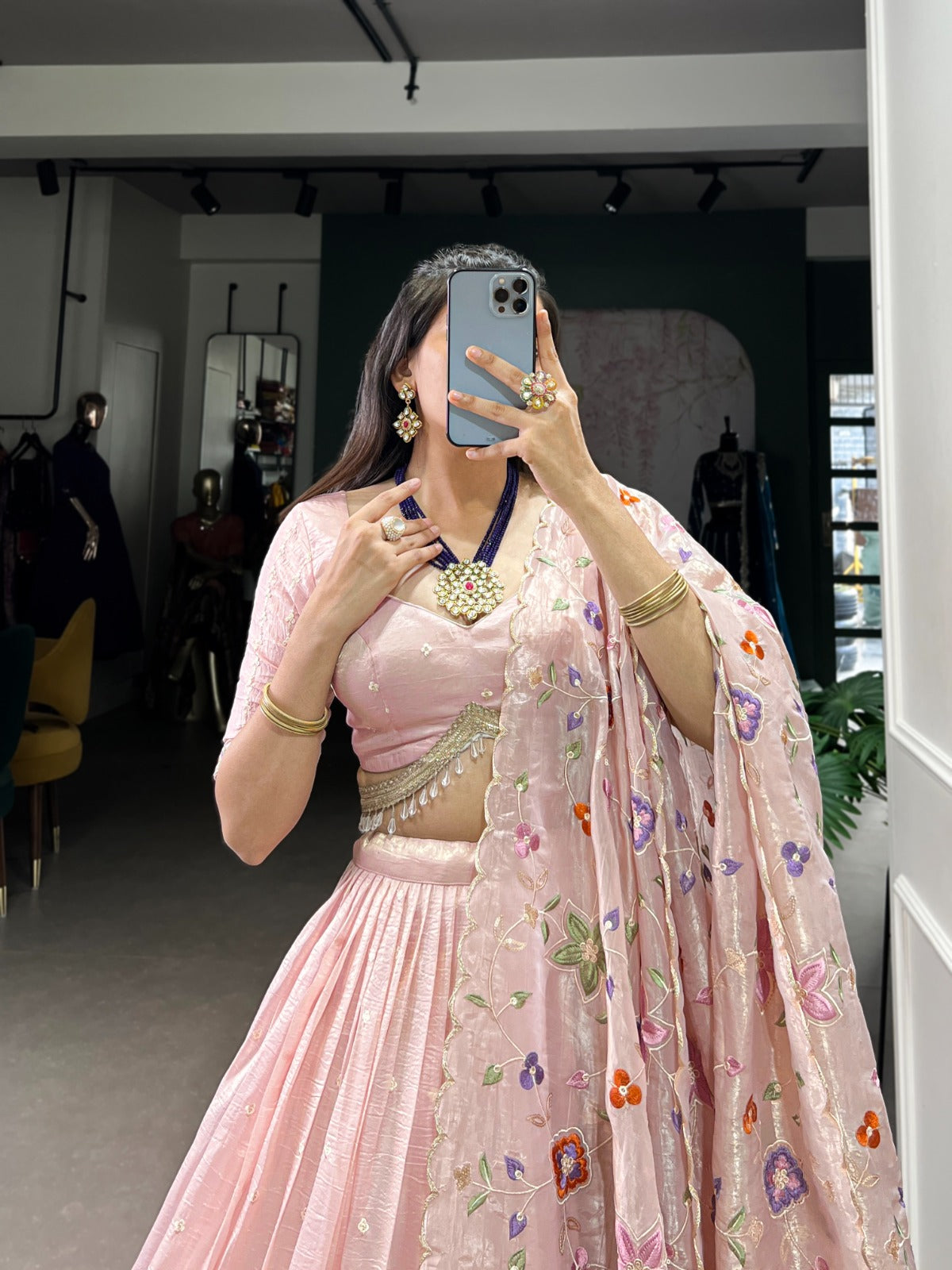 Blush Pink Organza Embroidered Lehenga Set with Floral Dupatta