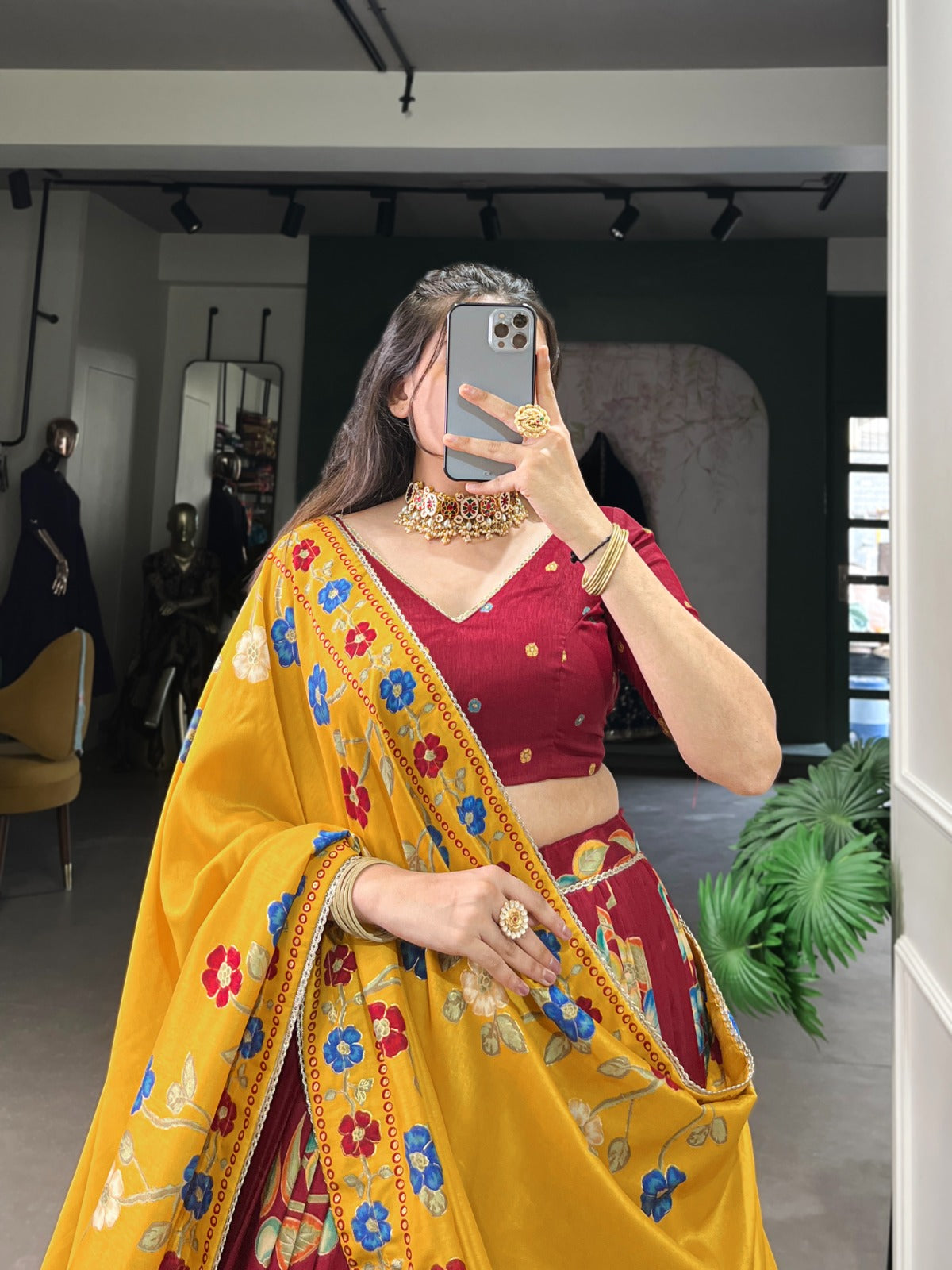 Maroon Designer Lehenga Set with Mustard Yellow Floral Dupatta