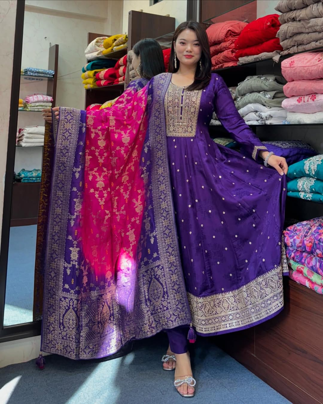 Royal Purple Embroidered Anarkali Suit with Banarasi Dupatta