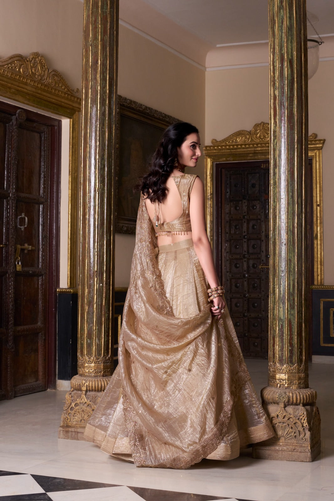 Champagne Gold Designer Lehenga Choli with Embroidered Blouse and Net Dupatta