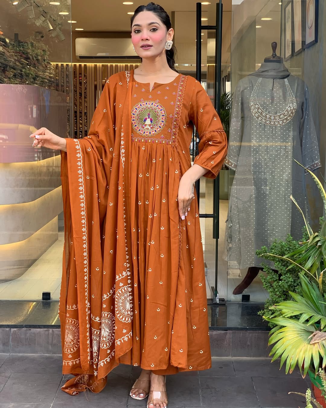 Rust Orange Anarkali Kurta Set with Dupatta and Intricate Embroidery