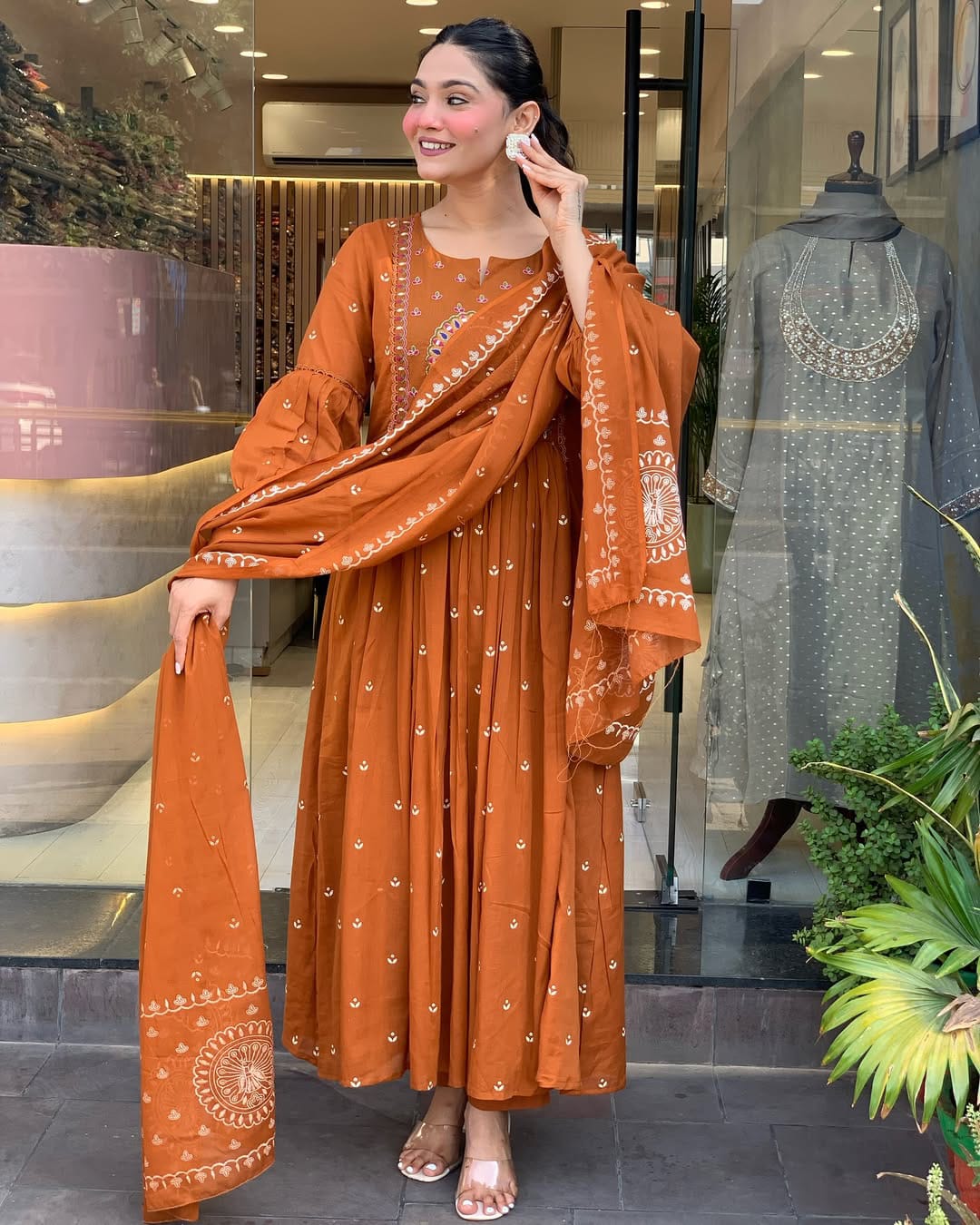 Rust Orange Anarkali Kurta Set with Dupatta and Intricate Embroidery