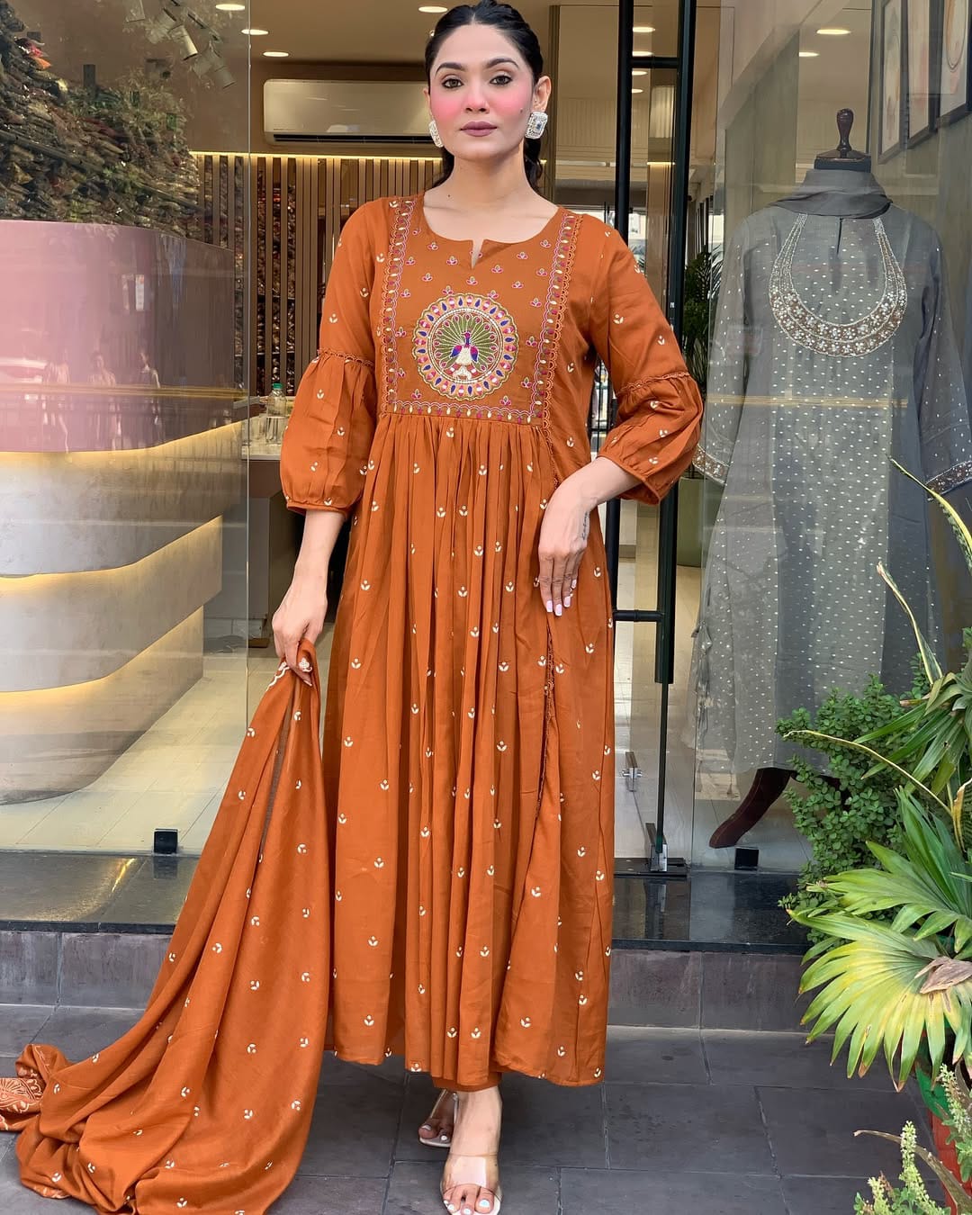 Rust Orange Anarkali Kurta Set with Dupatta and Intricate Embroidery