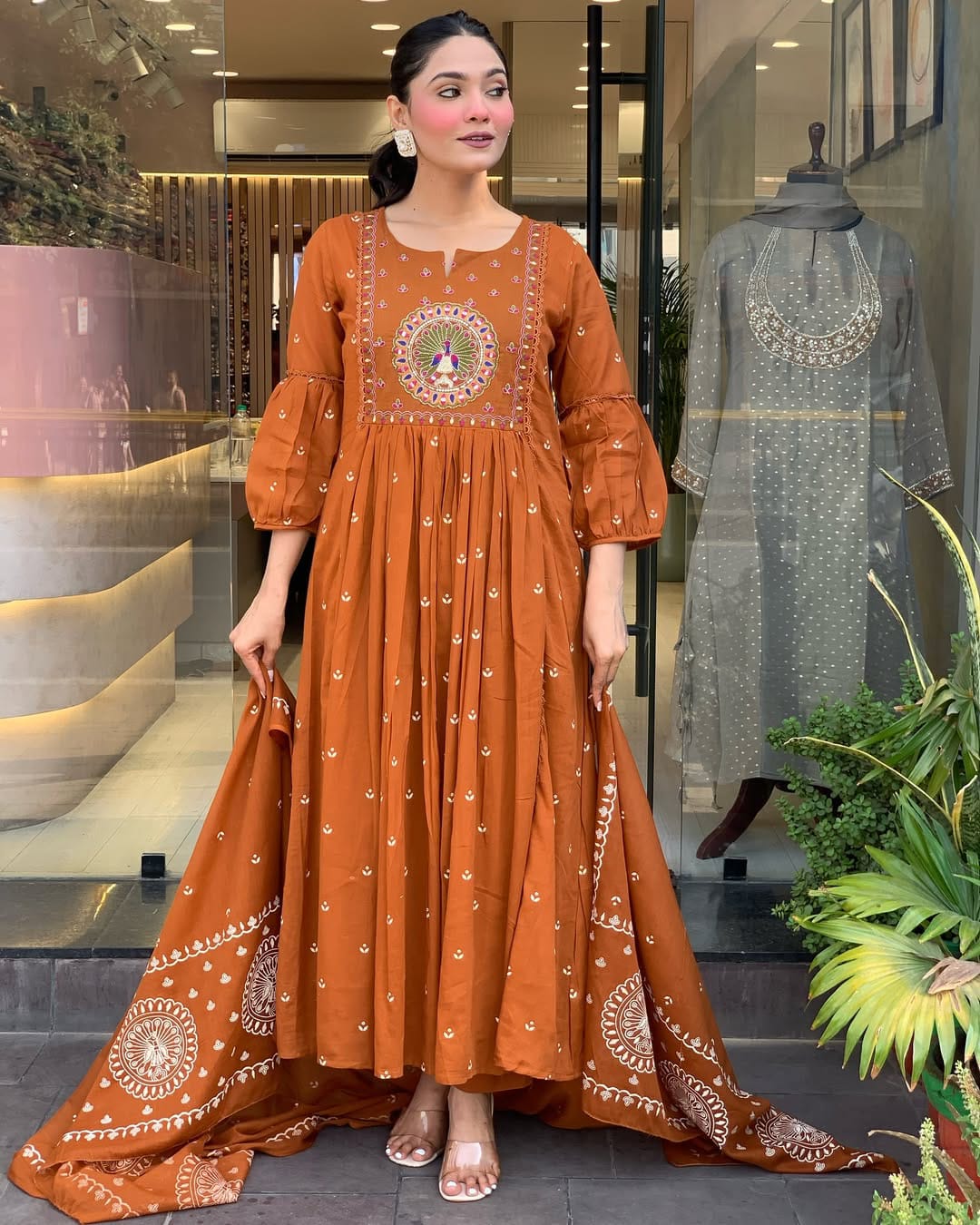 Rust Orange Anarkali Kurta Set with Dupatta and Intricate Embroidery