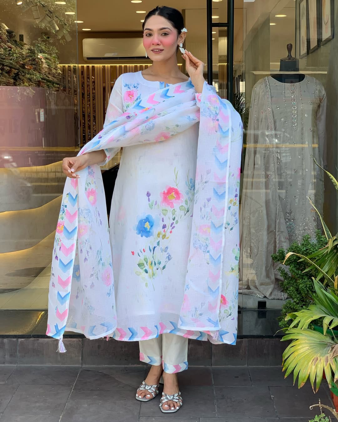 White Floral Printed Lawn Suit with Pastel Dupatta