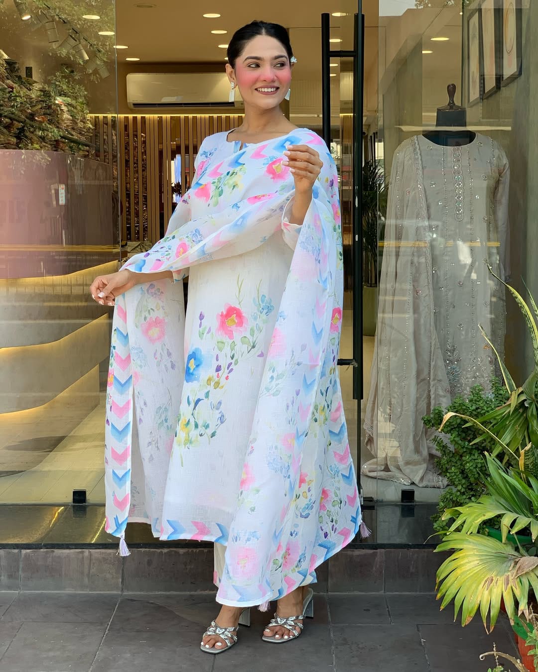 White Floral Printed Lawn Suit with Pastel Dupatta