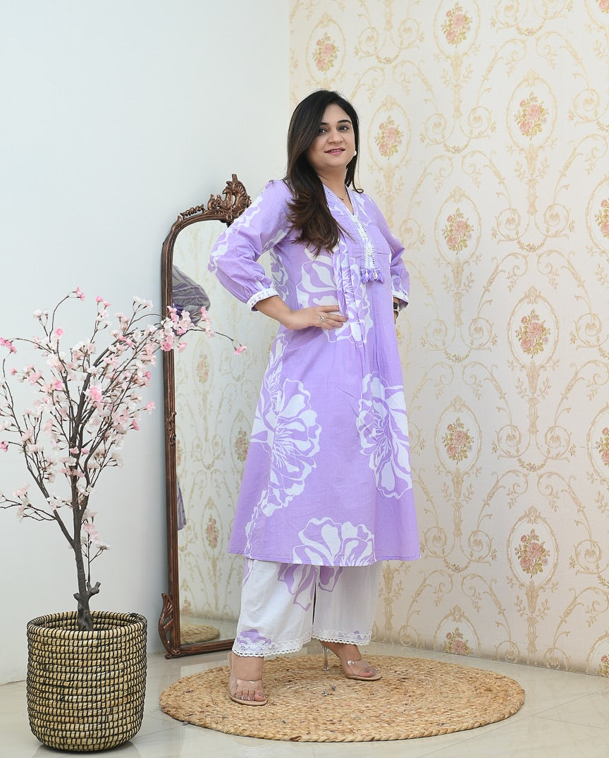 Lavender Floral Print Cotton Kurta Set with Straight Pants