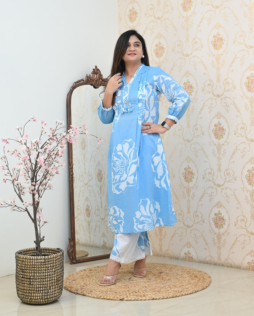 Sky Blue Floral Print Cotton Kurta Set with Straight Pants