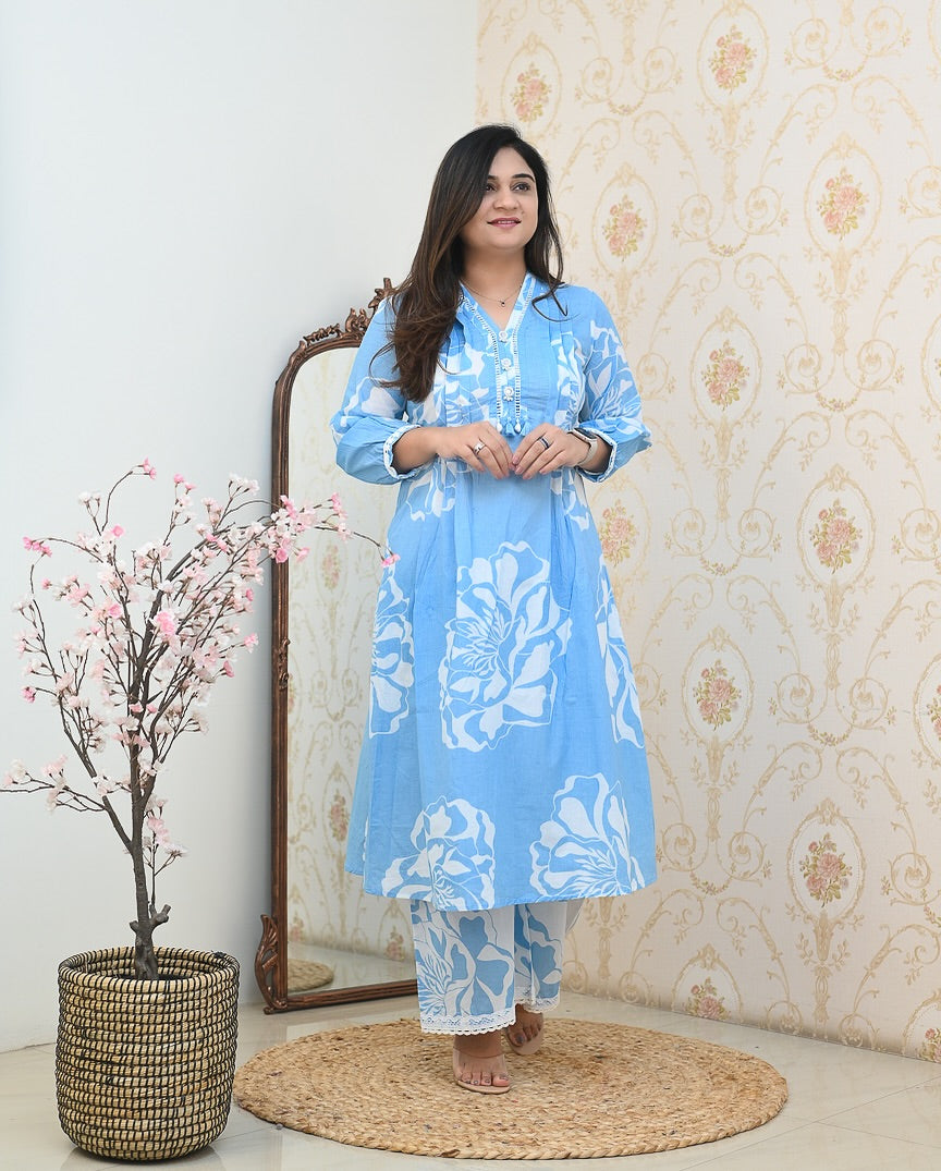 Sky Blue Floral Print Cotton Kurta Set with Straight Pants