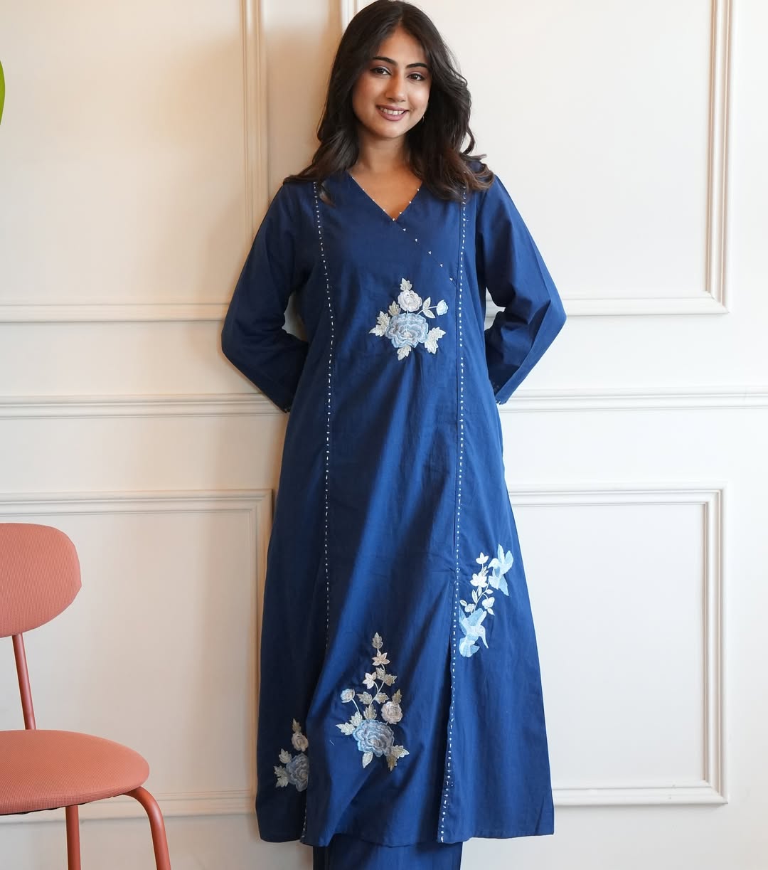 Navy Blue Floral Embroidered Cotton Kurta Set with Pants