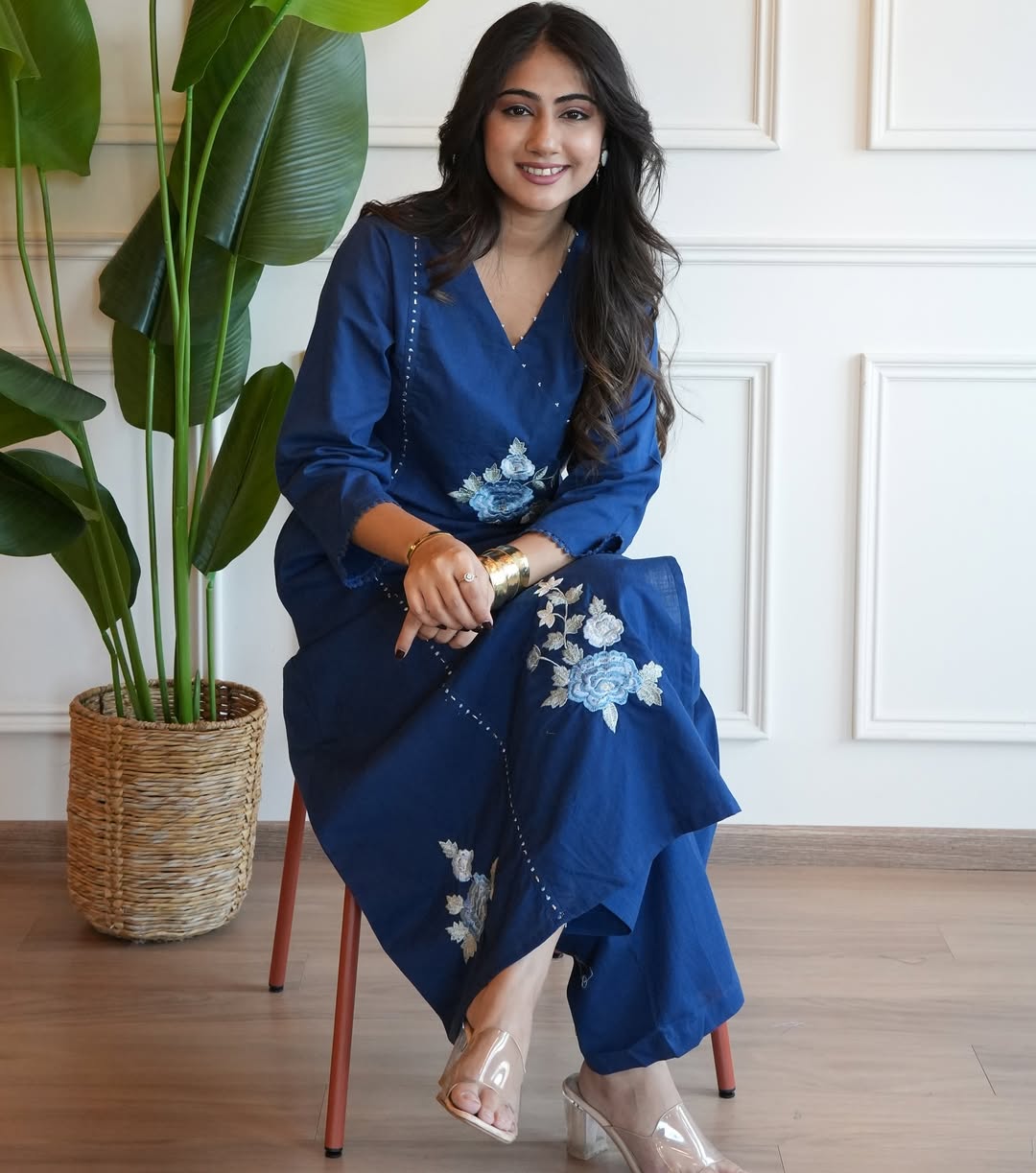 Navy Blue Floral Embroidered Cotton Kurta Set with Pants