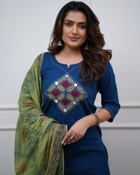 Embroidered Cotton Kurta Pant Set with Dupatta