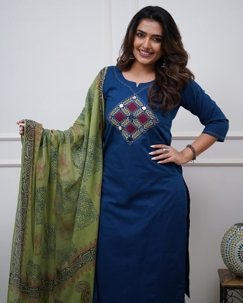 Embroidered Cotton Kurta Pant Set with Dupatta