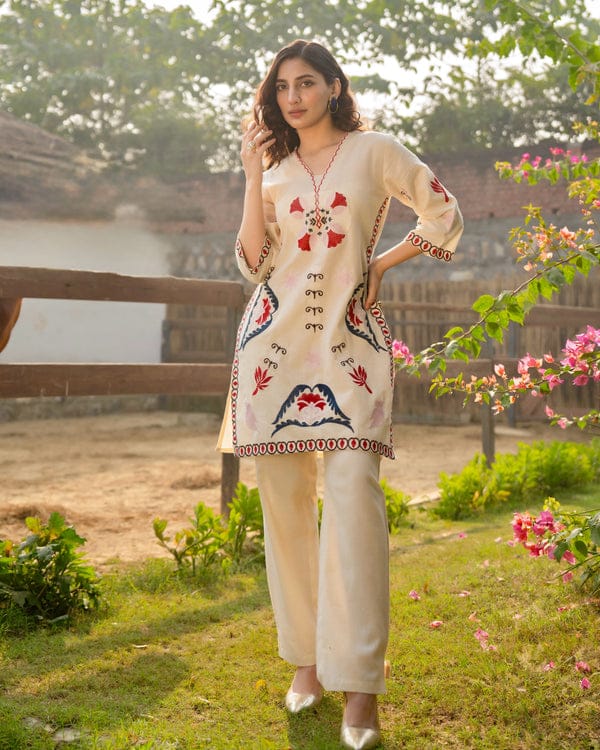 Ivory Red Threaded Festive Cotton Co-ord