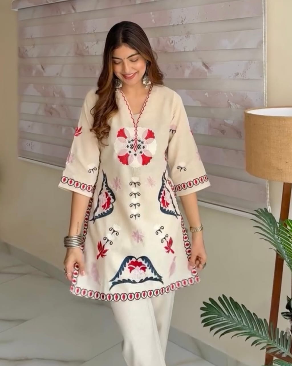 Ivory Red Threaded Festive Cotton Co-ord
