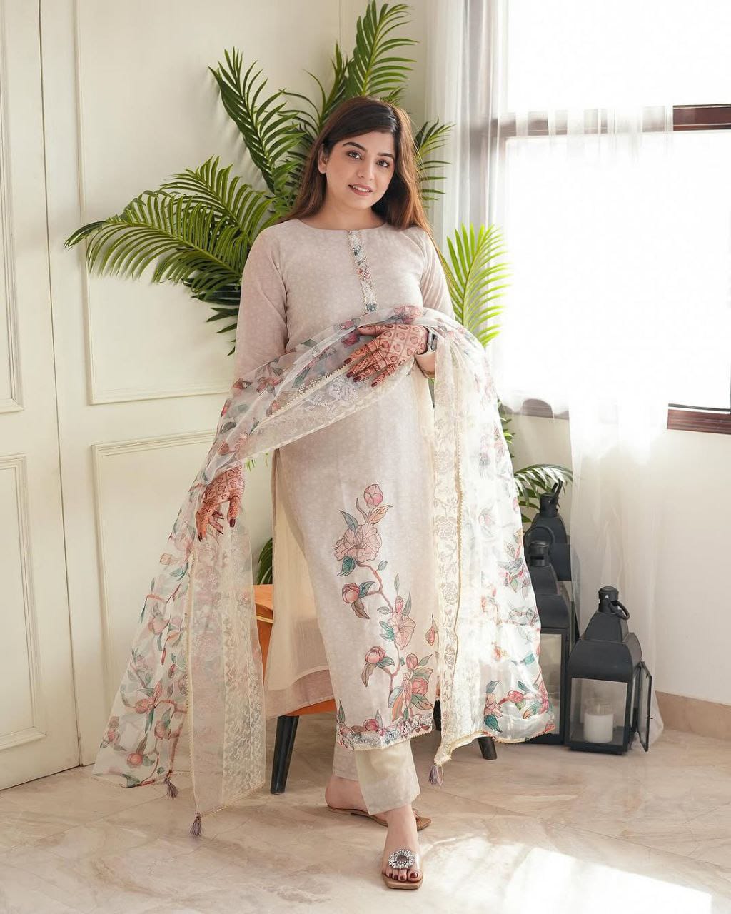 Pastel Beige Floral Embroidered Kurta Set with Printed Dupatta