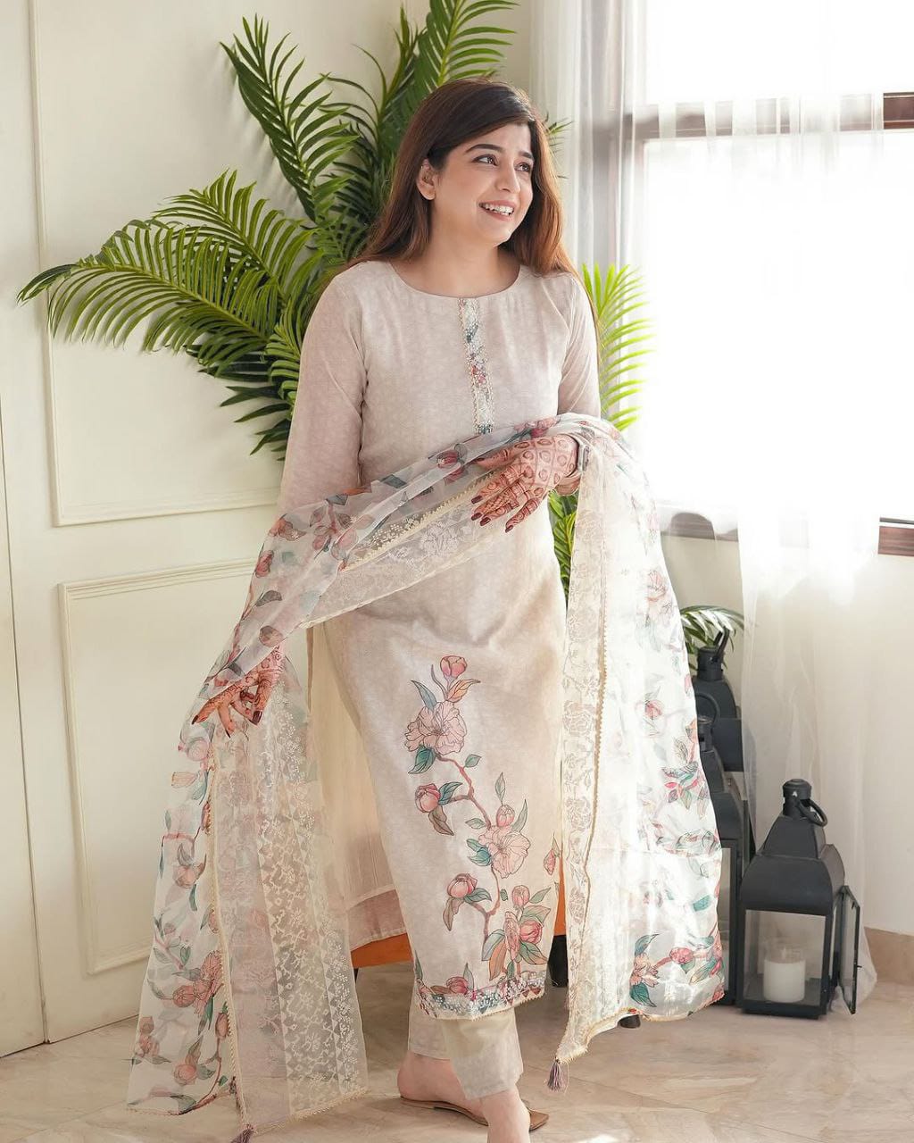 Pastel Beige Floral Embroidered Kurta Set with Printed Dupatta