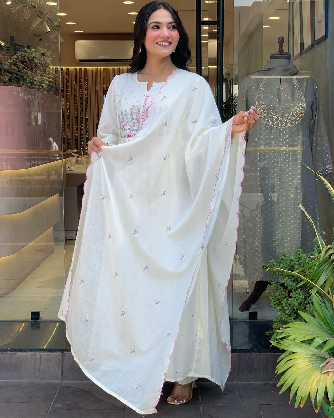Elegant White Cotton Anarkali Kurta with Dupatta – Hand Embroidered Floral Detailing