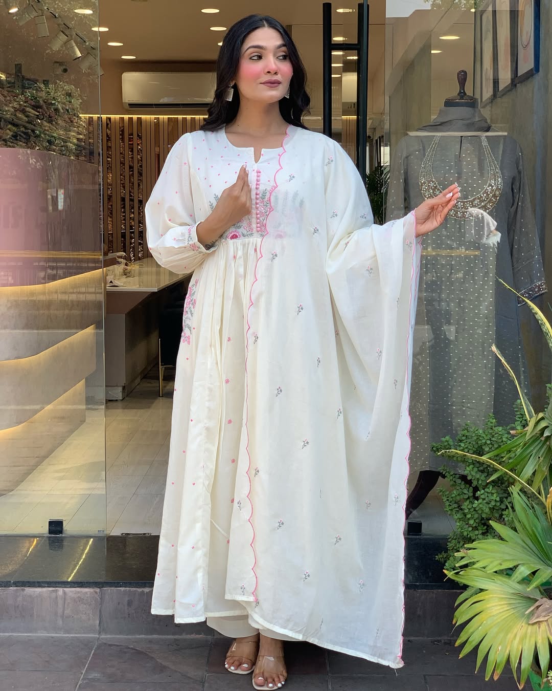 Elegant White Cotton Anarkali Kurta with Dupatta – Hand Embroidered Floral Detailing