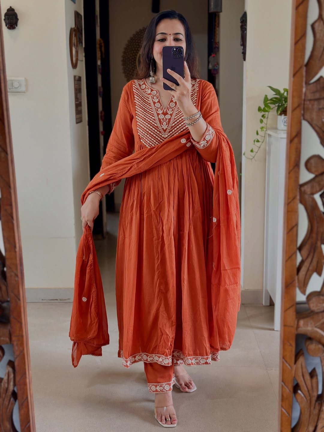 Rust Orange Embroidered Anarkali Kurta Set with Dupatta