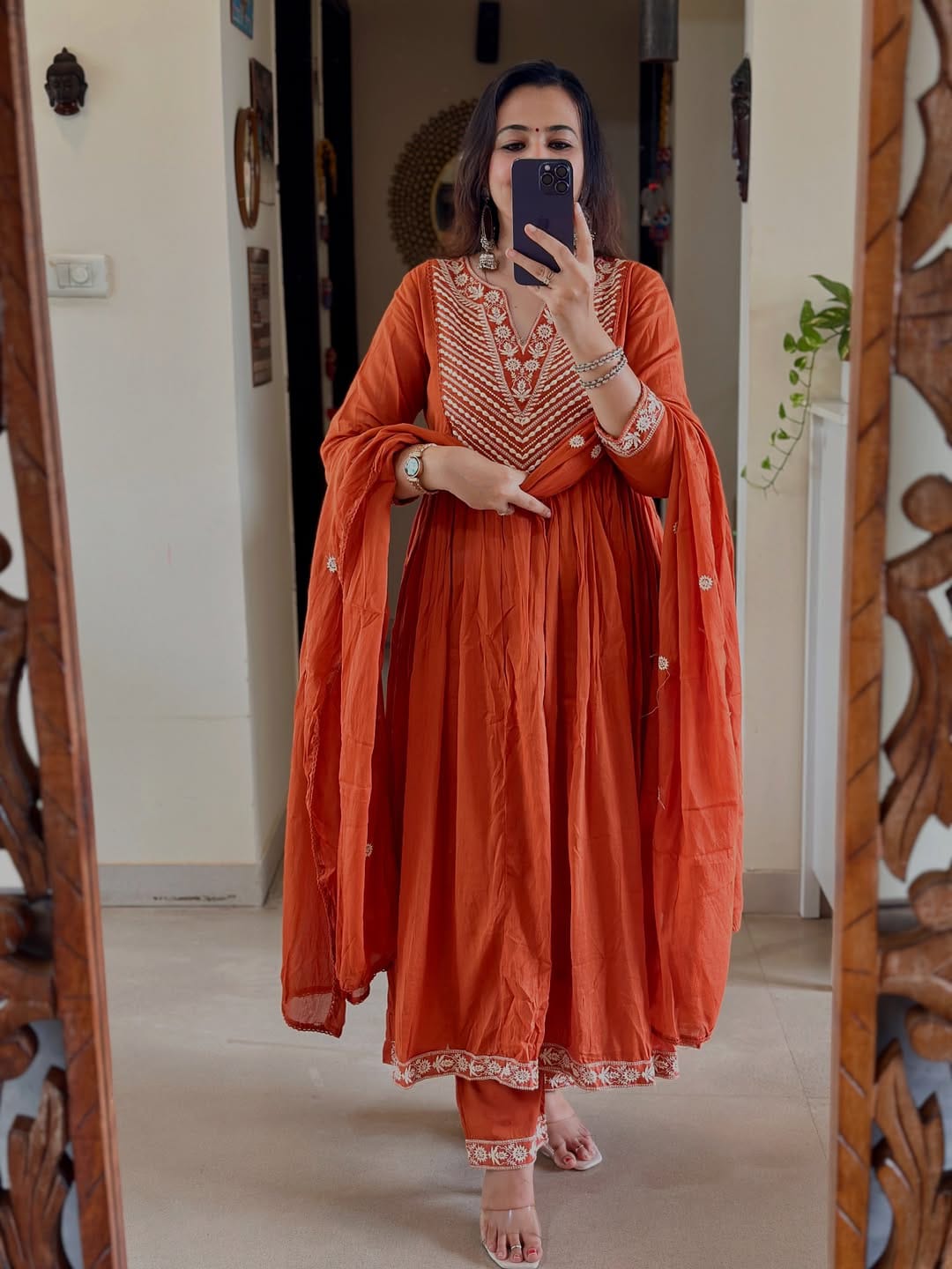 Rust Orange Embroidered Anarkali Kurta Set with Dupatta