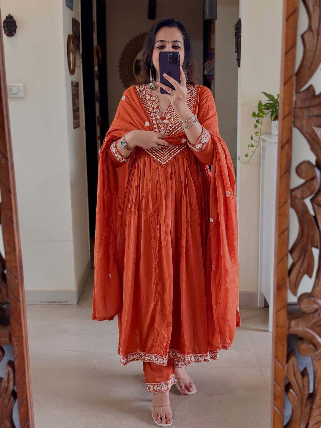 Rust Orange Embroidered Anarkali Kurta Set with Dupatta