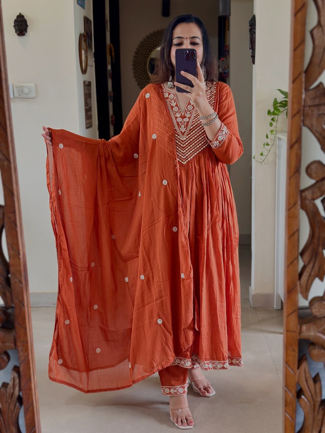 Rust Orange Embroidered Anarkali Kurta Set with Dupatta